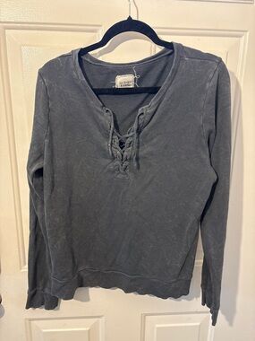 Lace-Up Long Sleeve Pullover Sweatshirt — Washed Charcoal